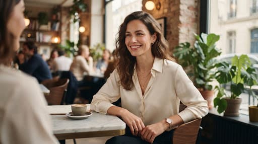 Eleanor, smiling warmly in a well-lit upscale cafe.