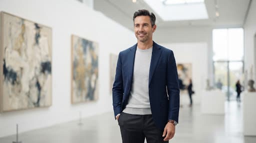 James, wearing a smart casual blazer in a modern art gallery.