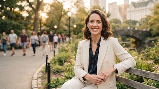 Sophia, dressed elegantly outdoors in an urban park at golden hour.