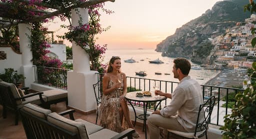 A boutique hotel terrace overlooking the Amalfi Coast at sunset.
