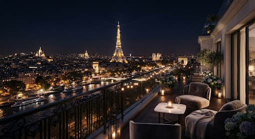 The Paris skyline at night with the Eiffel Tower in the distance.